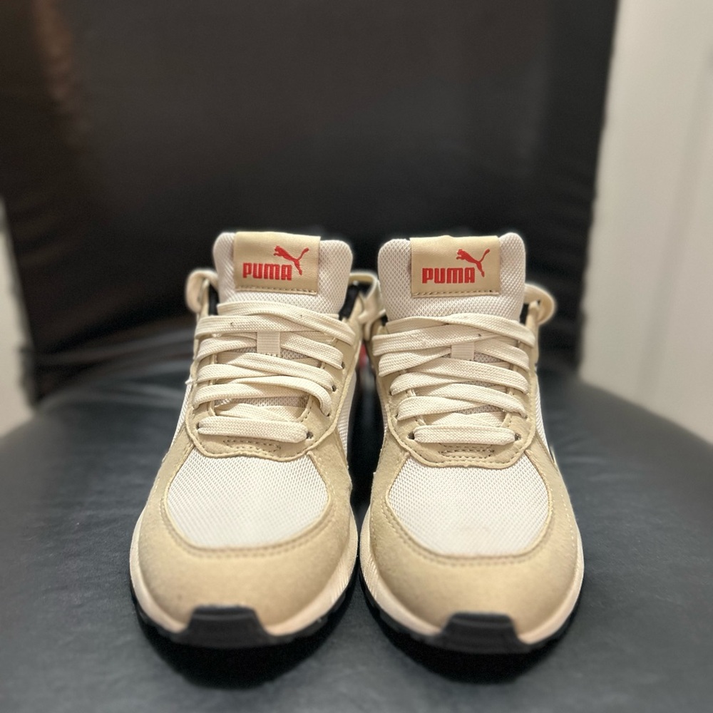 Puma Cream and Red Lifestyle Sneakers with Suede Mesh Design
